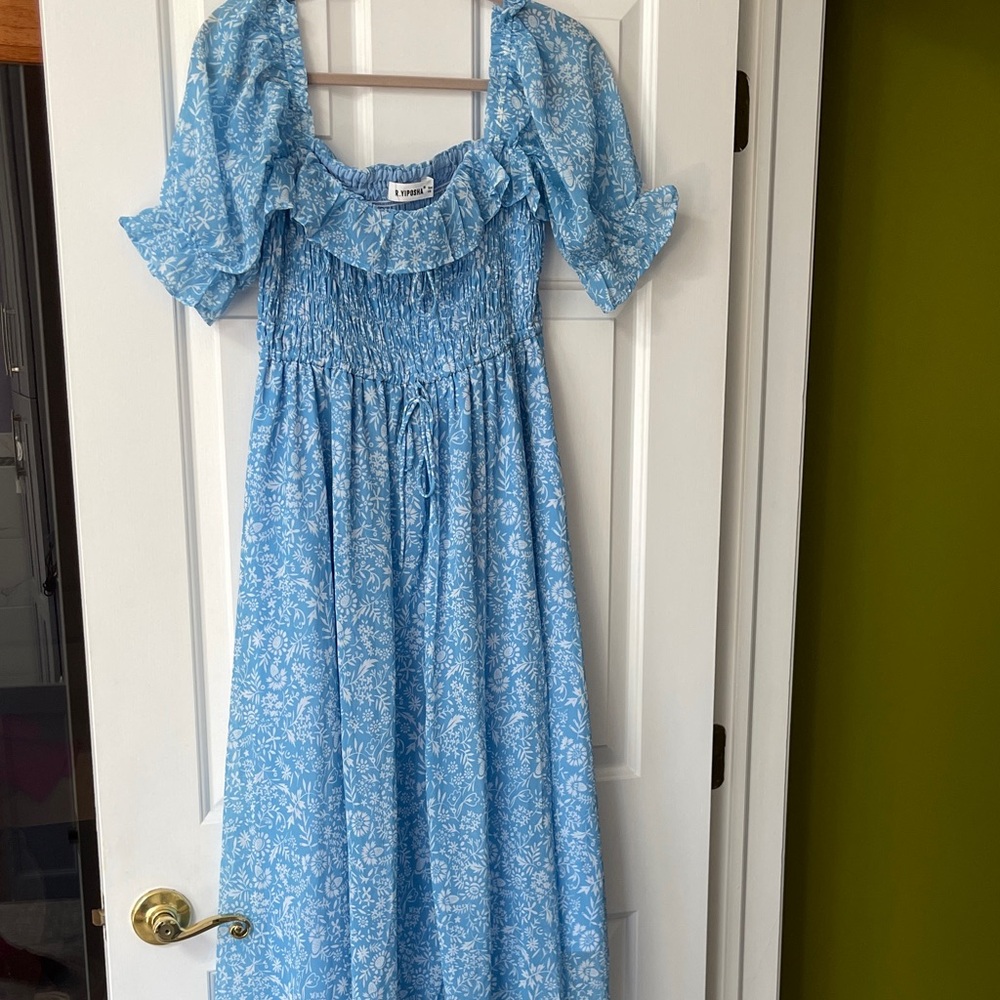 Sky Blue Floral Square-Neck Maxi Dress with Puff Sleeves - Picture 6 of 11